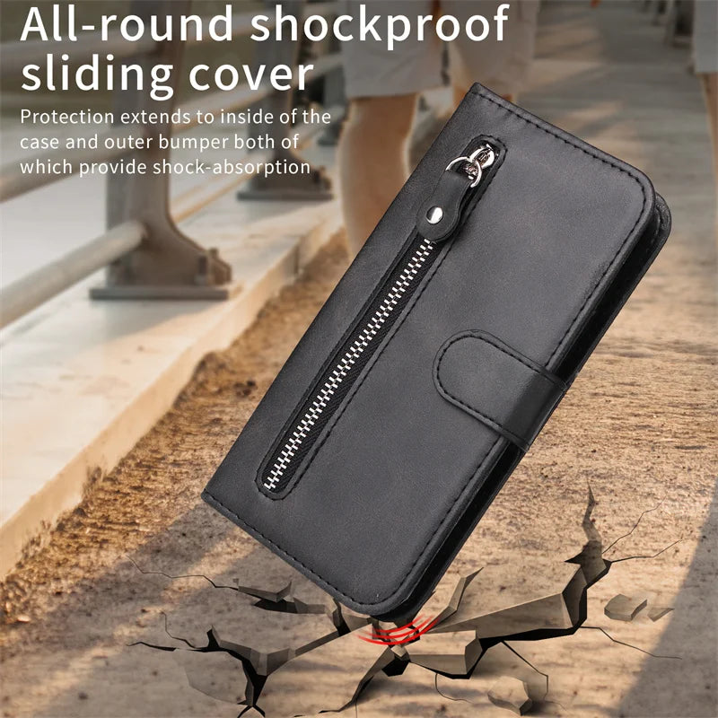 Leather iPhone 16 Plus zipper wallet case with card slots and magnetic stand, featuring a sleek leather cover for R.E.D. Shopping.