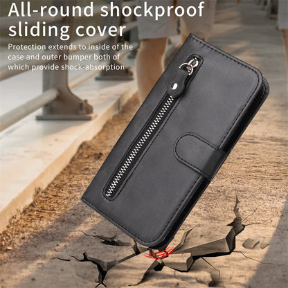 Leather iPhone 16 Plus zipper wallet case with card slots and magnetic stand, featuring a sleek leather cover for R.E.D. Shopping.