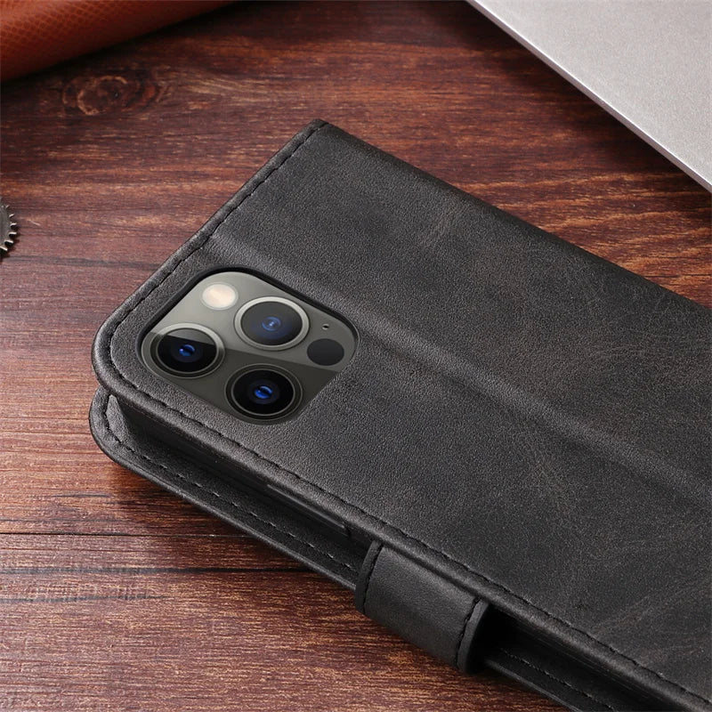 Leather iPhone 16 Plus zipper wallet case with card slots and magnetic stand, featuring a sleek design and durable construction.