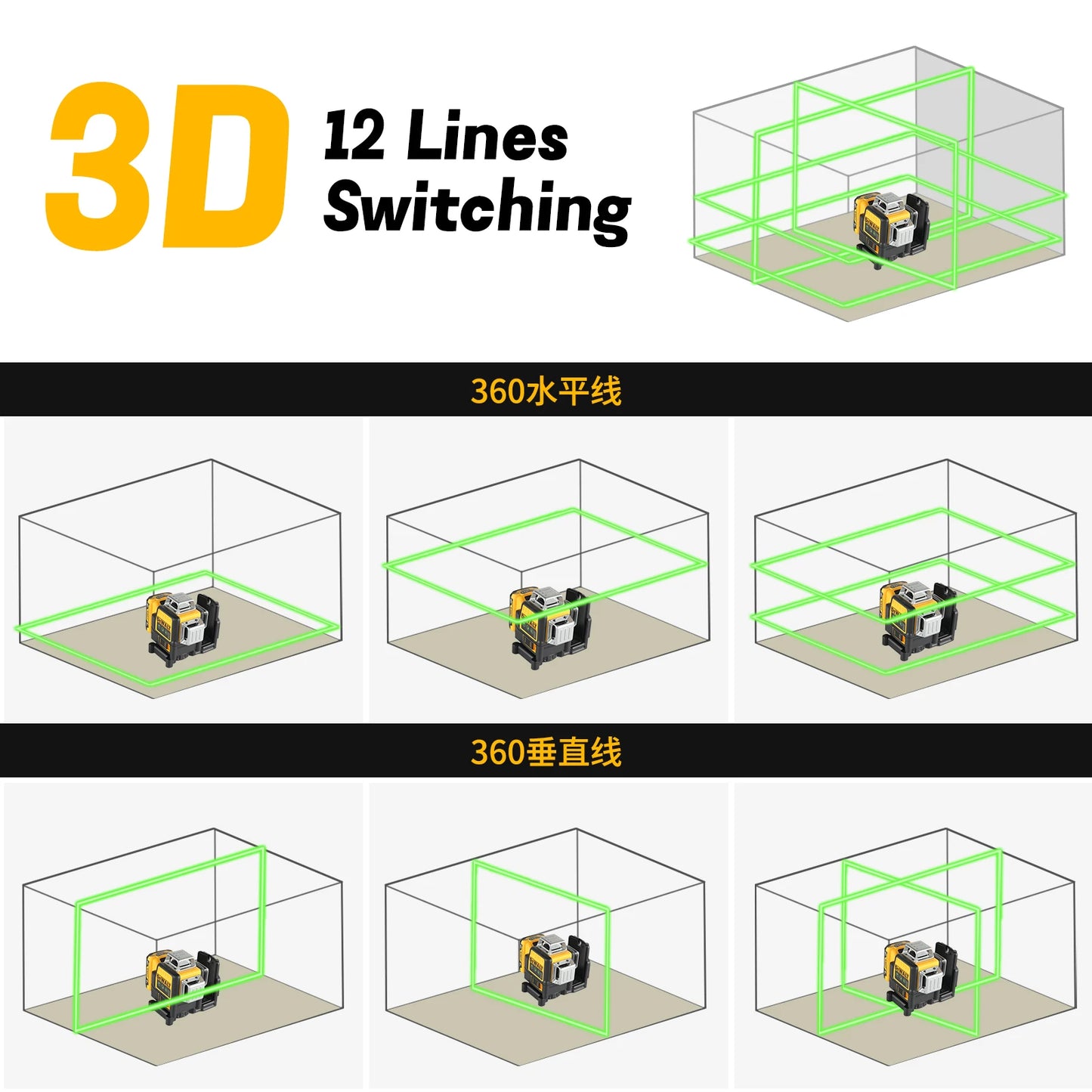DW089LG 12-Line Green Laser Level – 3x360° Horizontal & Vertical Outdoor