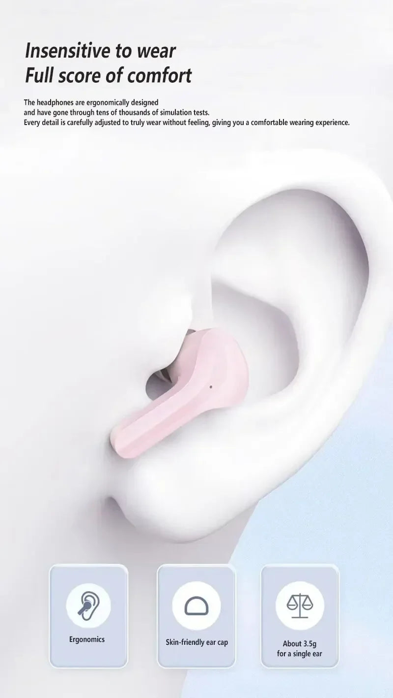 R.E.D. Shopping T2 wireless Bluetooth earphones with transparent design, LED display, and 24-hour battery life, shown in close-up.
