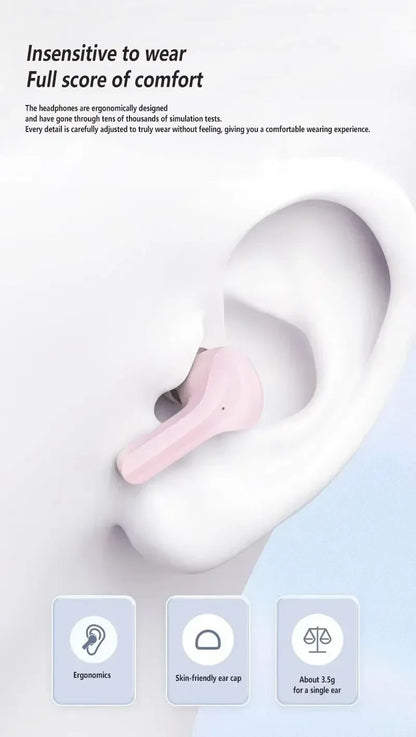 R.E.D. Shopping T2 wireless Bluetooth earphones with transparent design, LED display, and 24-hour battery life, shown in close-up.