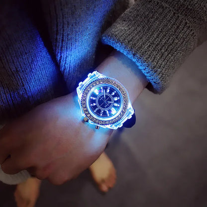LED Flash Luminous Watch with rhinestones on silicone wristband, stylish jewelry watch for kids and adults, by R.E.D. Shopping.