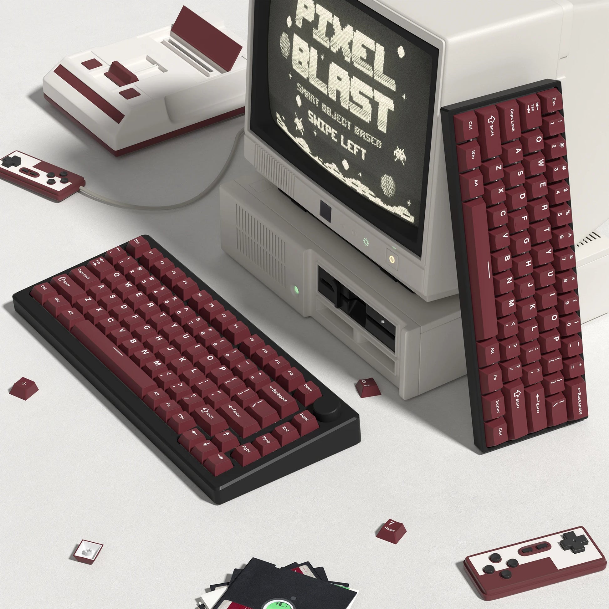 Retro dark red PBT keycap set with cherry profile for mechanical keyboards, featuring double shot construction and 126 keys.