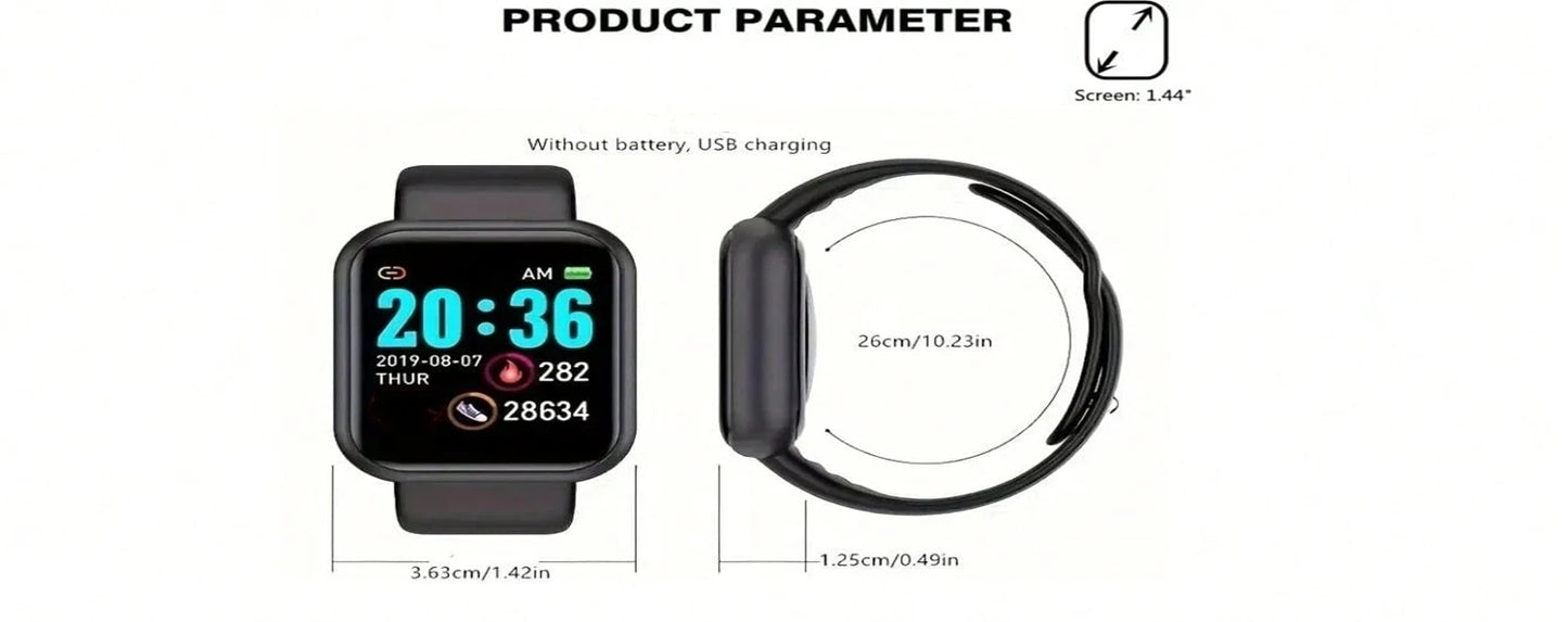R.E.D. Shopping Y68/D20 smart watch showing a digital display with fitness, sleep, and music control features on a black band.