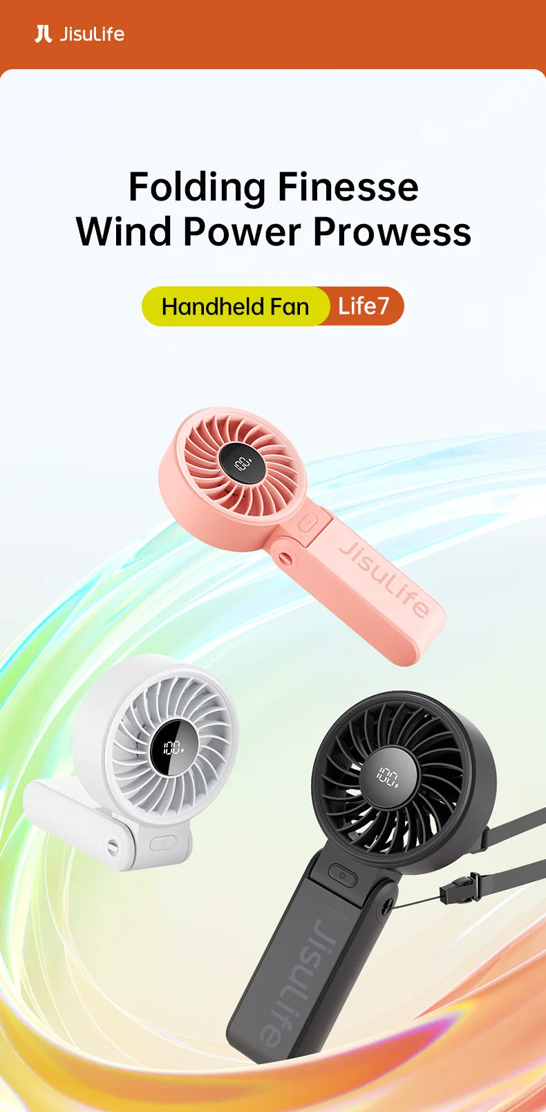 JISULIFE 3-in-1 Portable Handheld Fan – 5 Speeds, LED Display, 3600/5000mAh, Hand/Desk/Neck