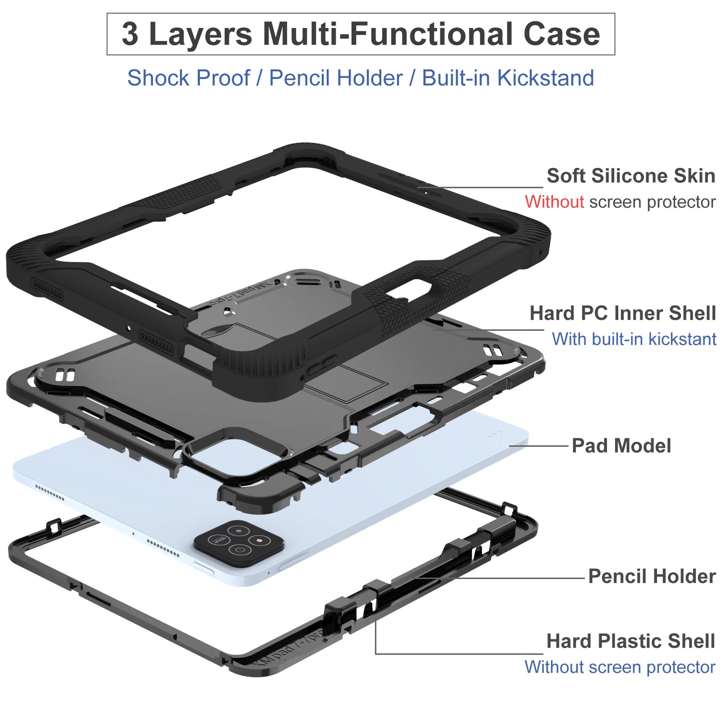 Xiaomi Pad 7 Pro rugged tablet case with kickstand and pen slot, full body protective cover in black color.