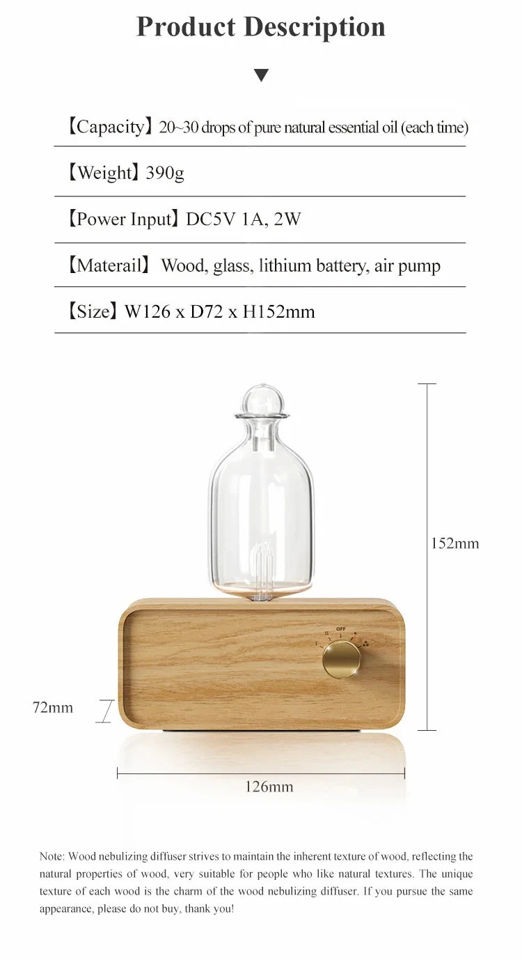 Professional Aromatherapy Nebulizer Diffuser — Wood & Glass, Waterless, 2600mAh Battery, Scent Machine