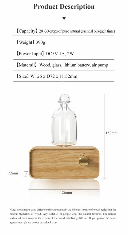 Professional Aromatherapy Nebulizer Diffuser — Wood & Glass, Waterless, 2600mAh Battery, Scent Machine