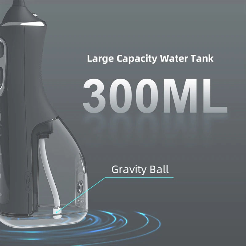 Portable R.E.D. Shopping oral irrigator with 4 nozzles, 300ml water tank, waterproof IPX7, and 5 flossing modes.