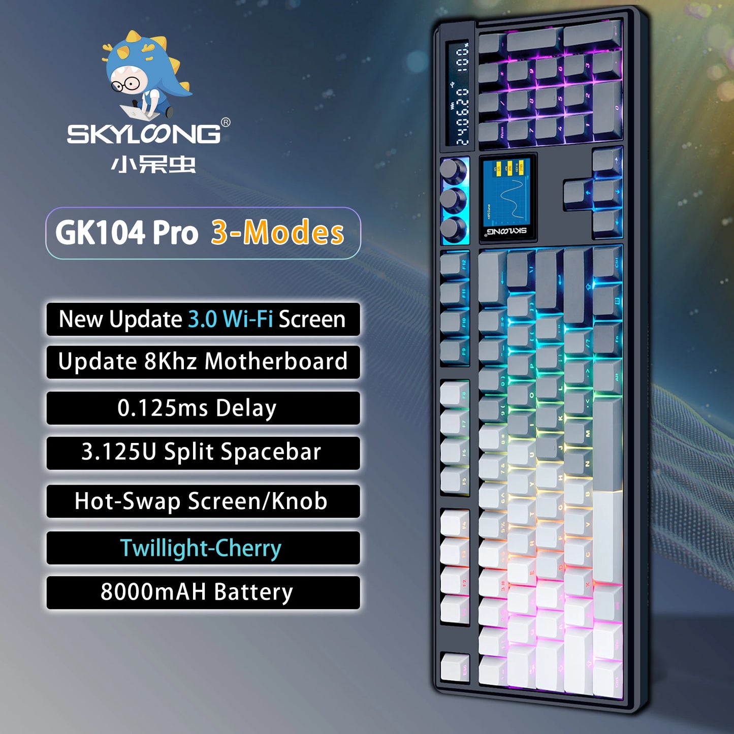 SKYLOONG GK104 Pro Full-Size Wireless Mechanical Keyboard – 104 Key, Hot-Swap, RGB, Macro Knob