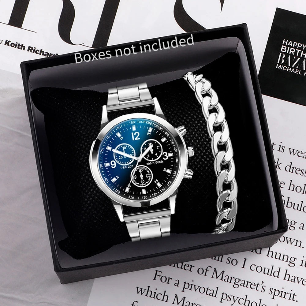 Men’s business quartz watch with steel band from R.E.D. Shopping, featuring a sleek bracelet set for stylish accessories.