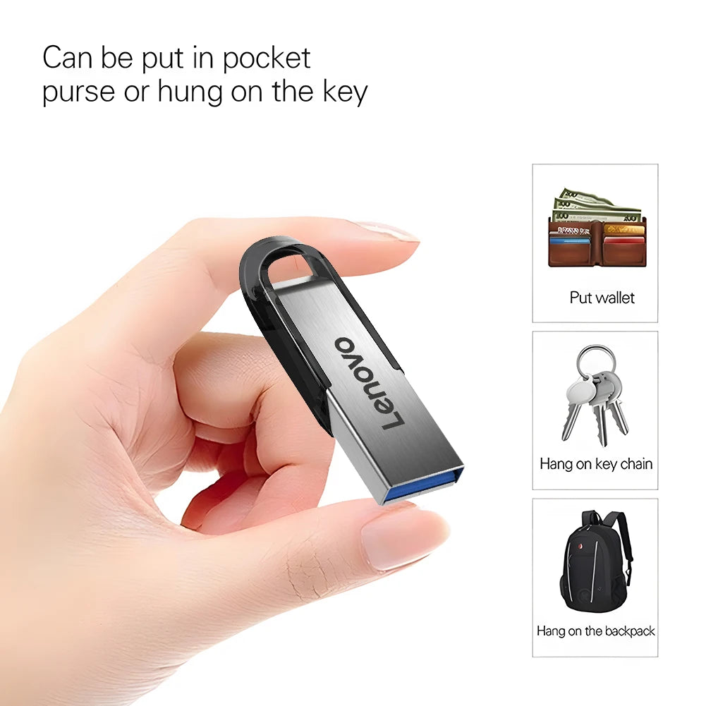 Lenovo high-speed USB 3.0 flash drive with waterproof metal casing, 2TB storage, designed for fast data transfer.