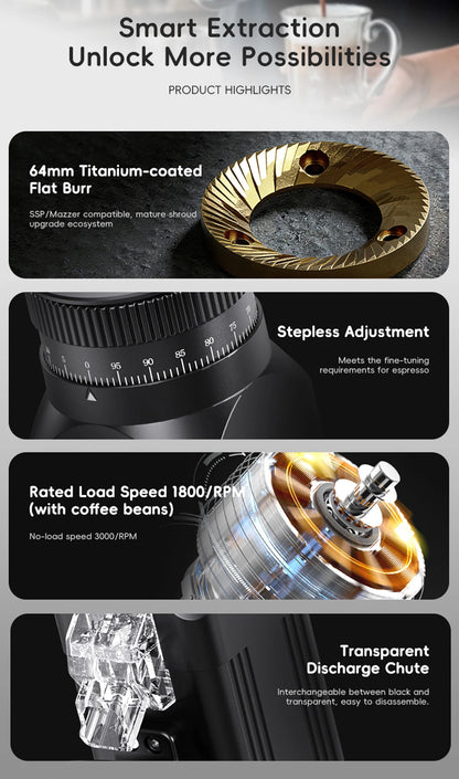 STARSEEKER E64 Electric Coffee Grinder – 64mm Titanium Flat Burr, Stepless Adjustment, EU Plug