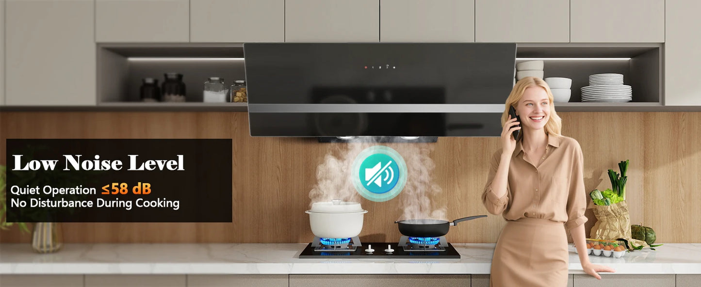 90cm Wall-Mounted Range Hood – A+++ Energy Class, 400m³/h, Touch Control, LED, Black Stainless Steel/Glass, 58dB