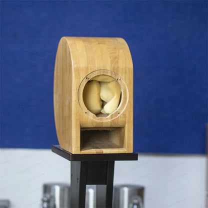 Personalized R.E.D. Shopping Nautilus 3-inch solid wood bookshelf speaker cabinet for DIY audio projects, showing natural wood finish.