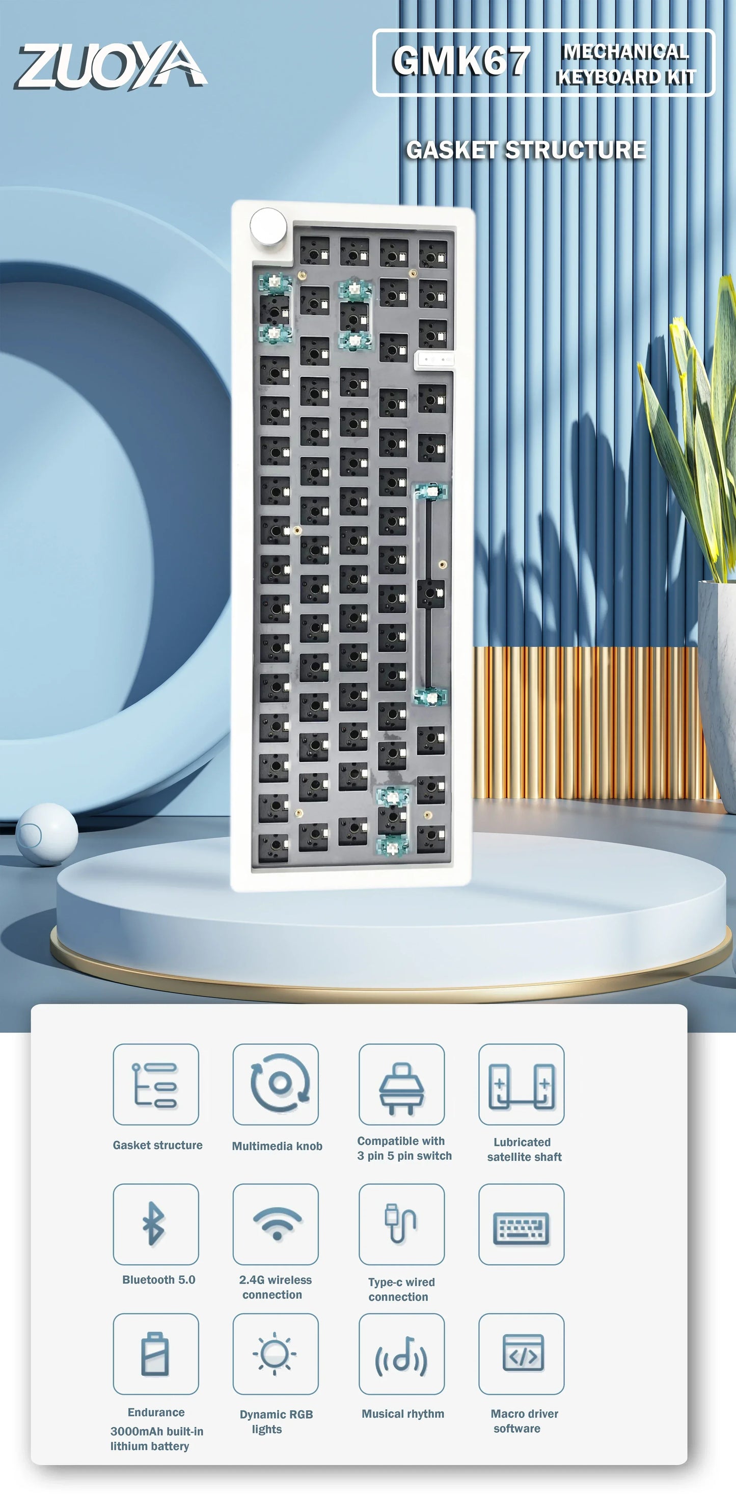 GMK67 Wireless Mechanical Keyboard Kit – 63 Keys, Bluetooth 5.0 / 2.4G / Wired, RGB Hot-Swap | Gaming & Custom Build