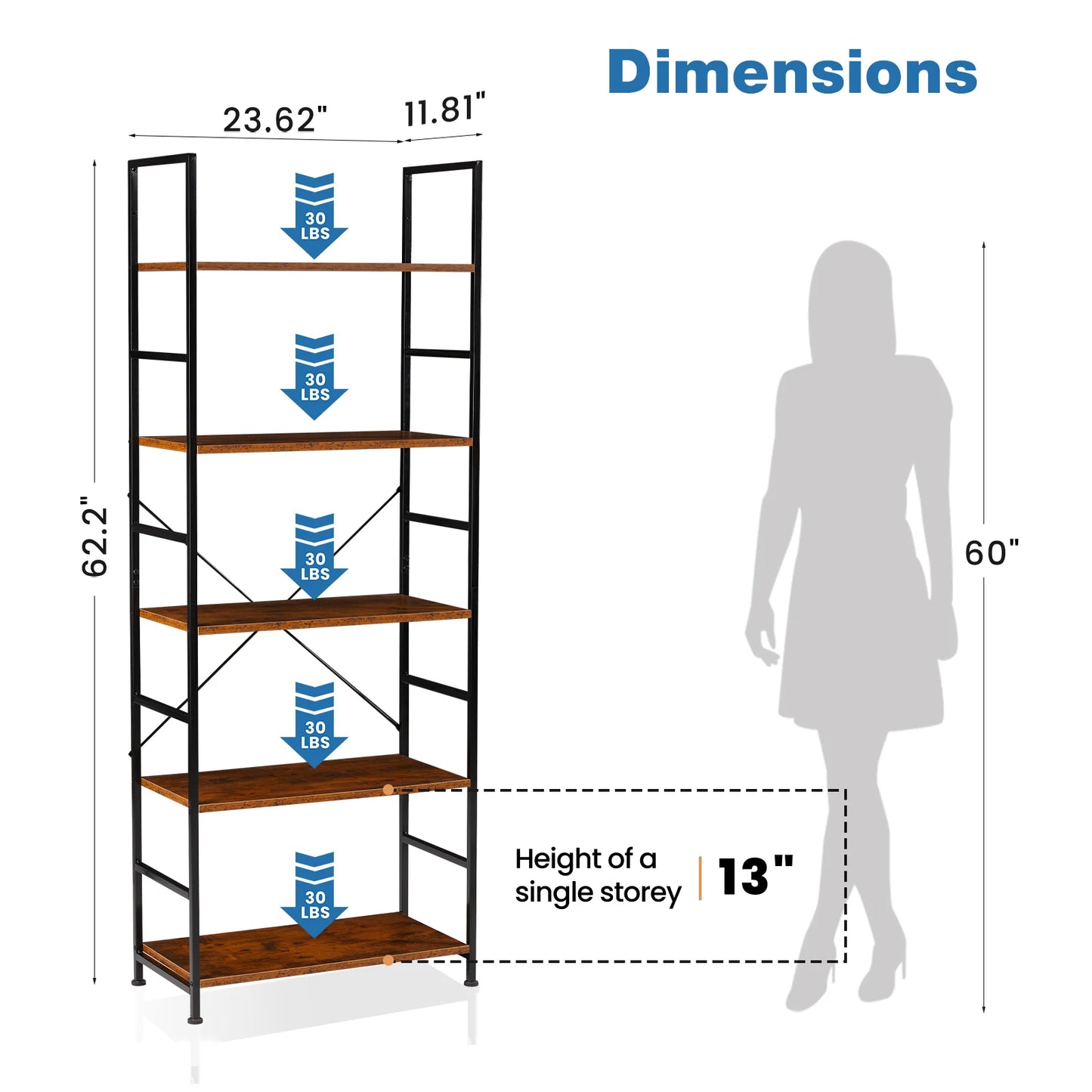 JHK 5-Tier Bookcase Bookshelf | Metal Frame Storage Organizer