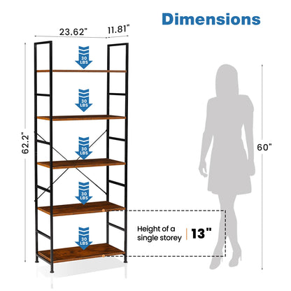JHK 5-Tier Bookcase Bookshelf | Metal Frame Storage Organizer