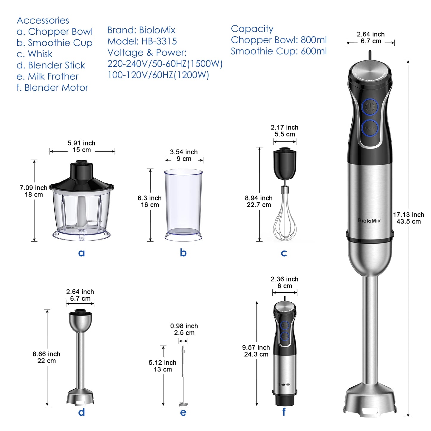 BioloMix 5-in-1 1500W Immersion Hand Blender – Stainless Steel Food Processor