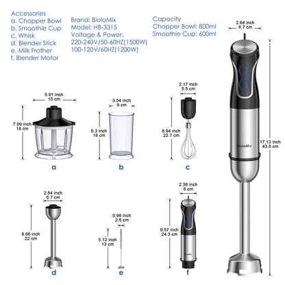 BioloMix 5-in-1 1500W Immersion Hand Blender – Stainless Steel Food Processor