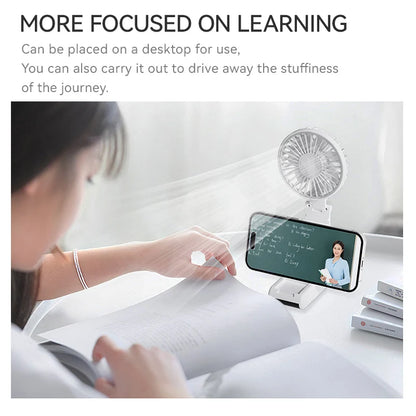 WO.Poblwc Handheld Mini Fan – 1800mAh Foldable, 5-Speed USB Rechargeable, Neck Hanging, Phone Stand, for Home & Outdoor