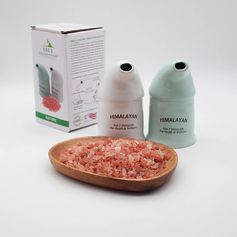 Ceramic Himalayan salt inhaler for respiratory health therapy, featuring a sleek white design and natural salt chamber.
