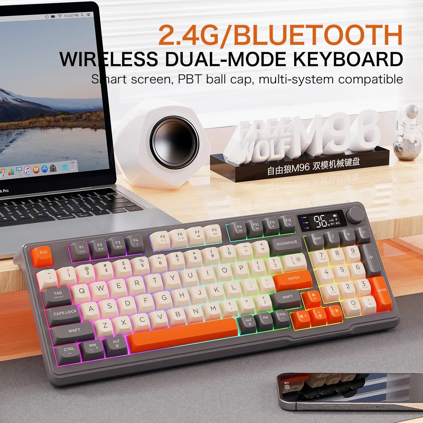 Free Wolf M96 Wireless Bluetooth Keyboard – 94 Key, Multimedia Knob, RGB, Battery Display