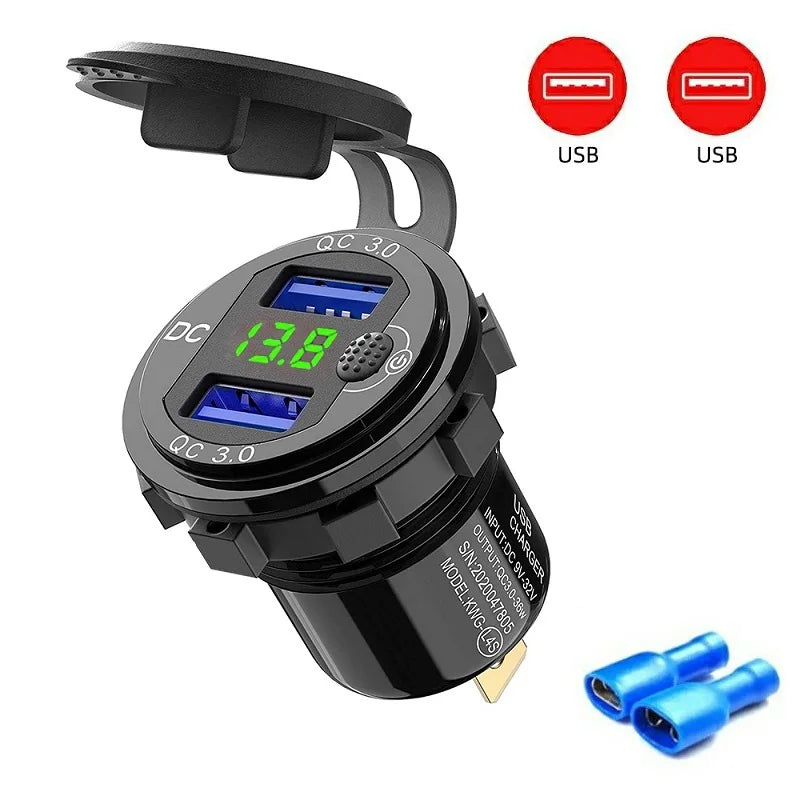 63W Aluminum USB-C Car Charger Socket – PD & QC3.0 Dual Port, 12V/24V for Car, Boat & Motorcycle