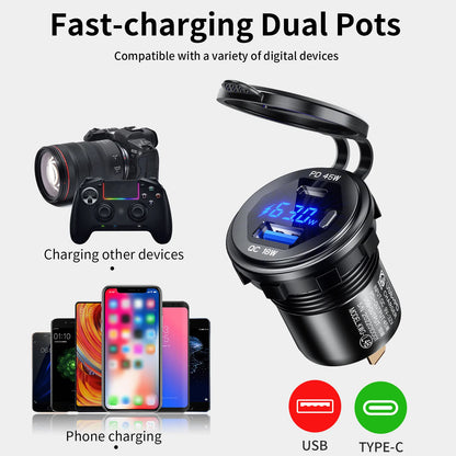 63W Aluminum USB-C Car Charger Socket – PD & QC3.0 Dual Port, 12V/24V for Car, Boat & Motorcycle
