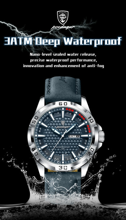 POEDAGAR Men's Luxury Wristwatch – Waterproof, Luminous, Date & Week Display, Quartz Sport Leather