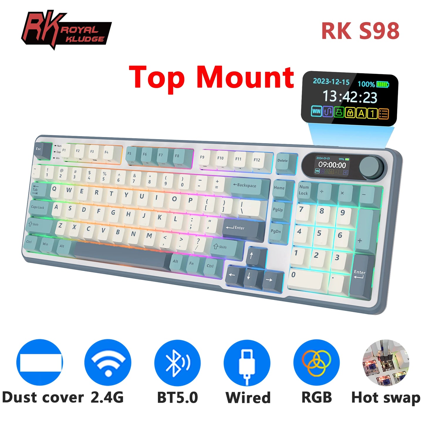 RK Royal Kludge S98 Wireless Mechanical Keyboard – 98 Key, Hot-Swap, TFT Screen, BT5.0/2.4G/USB-C
