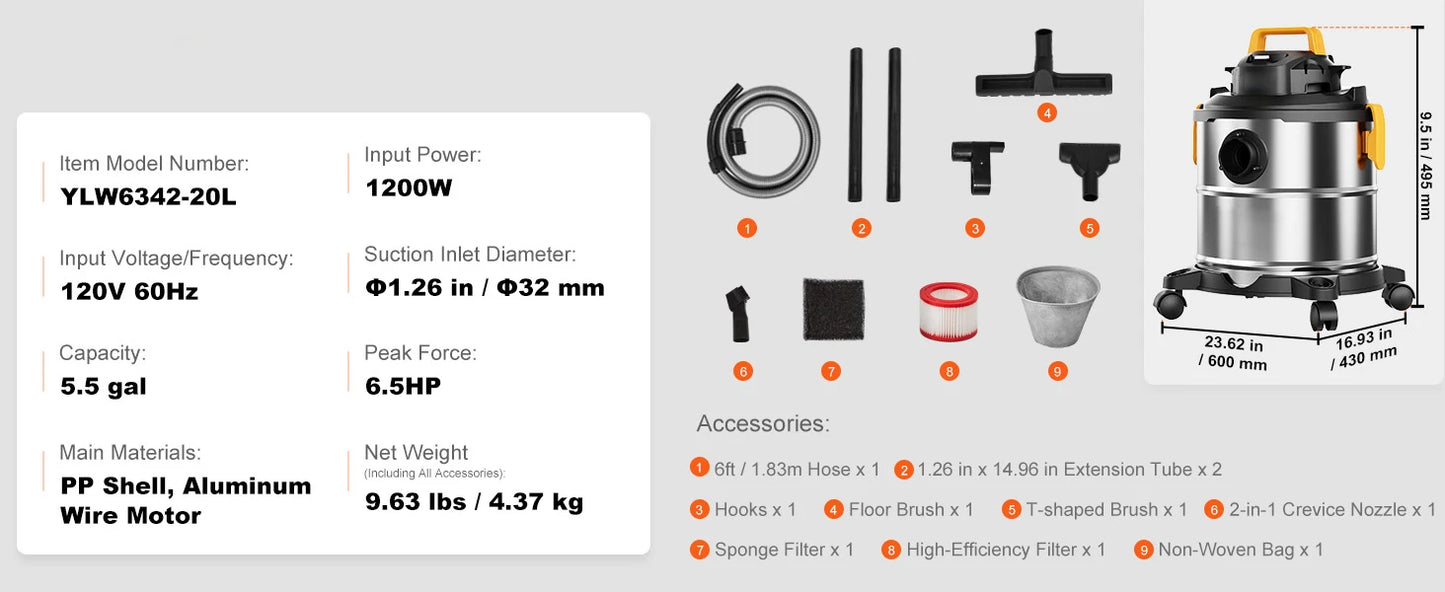 SucceBuy Stainless Steel Wet & Dry Shop Vacuum – Powerful Suction for Carpet, Debris & Pet Hair