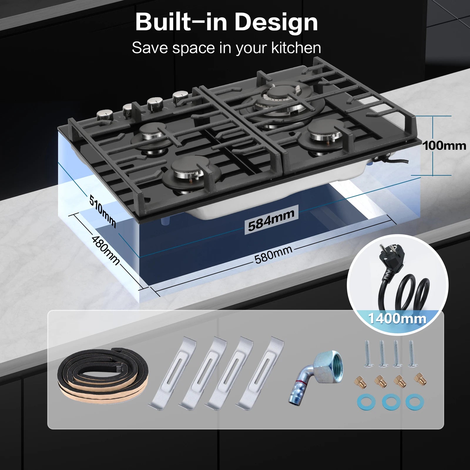 Black 60cm built-in gas hob with four burners, cast iron grates, flame failure protection, and black glass surface.