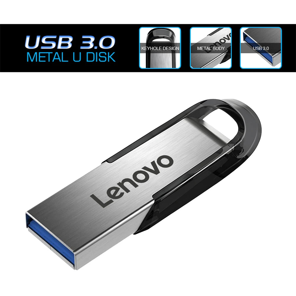 Lenovo high-speed USB 3.0 flash drive with waterproof metal casing, available in up to 2TB storage capacity.
