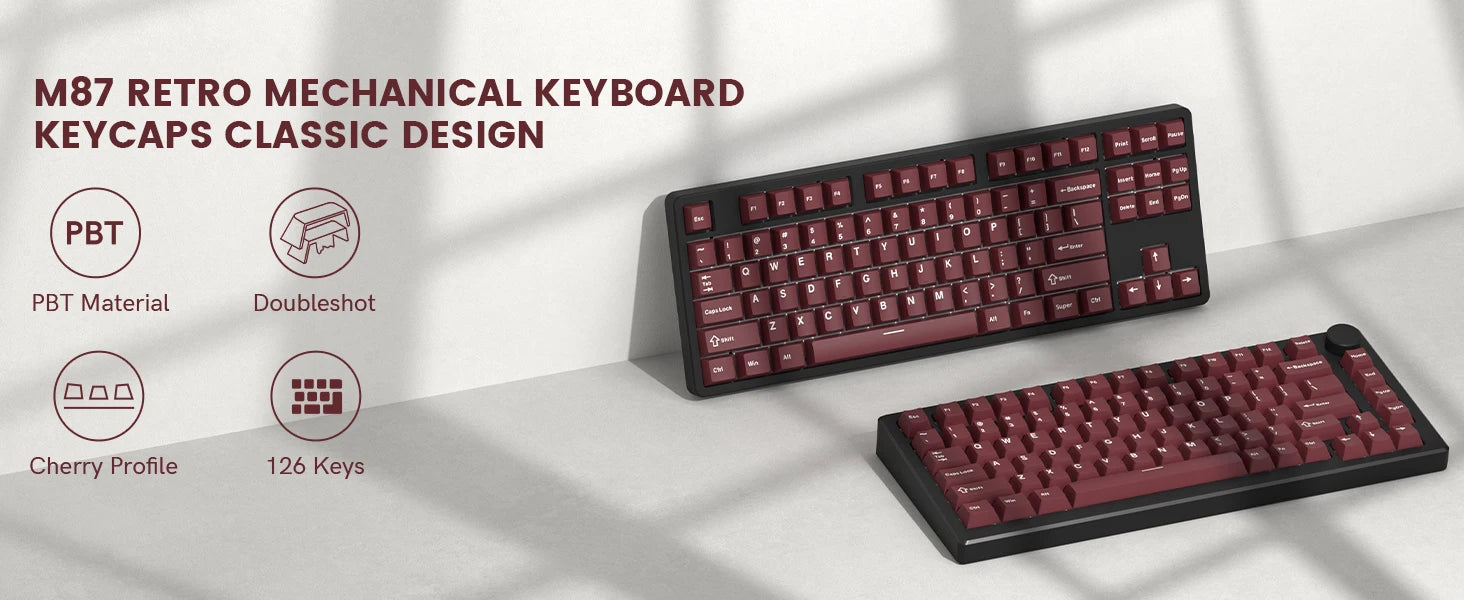 Dark red PBT 126-key retro cherry profile keycap set for mechanical keyboards, featuring double shot construction.