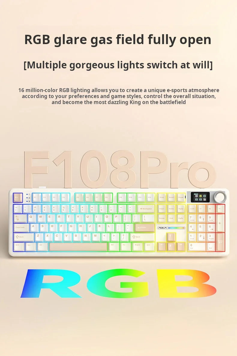 AULA F108Pro Wireless Mechanical Keyboard – UK Layout, Bluetooth Tri-Mode, Gasket, Hot-Swap, RGB, 104 Keys