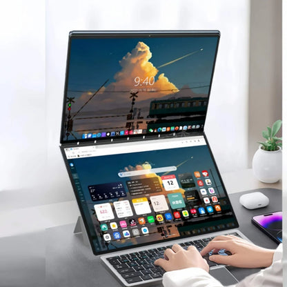 Intel N100 dual-screen laptop with 14-inch 2K touch display, 32GB RAM, 360-degree flip metal case, 2-in-1 design.