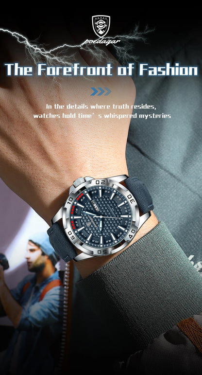 POEDAGAR Men's Luxury Wristwatch – Waterproof, Luminous, Date & Week Display, Quartz Sport Leather