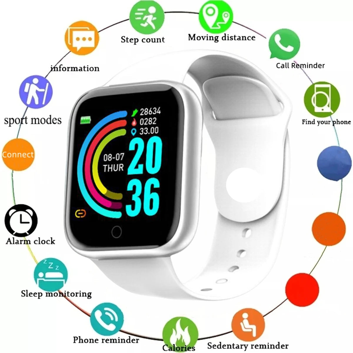 R.E.D. Shopping smartwatch with message notifications and fitness tracking, shown on a wrist, compatible with Android and iOS.