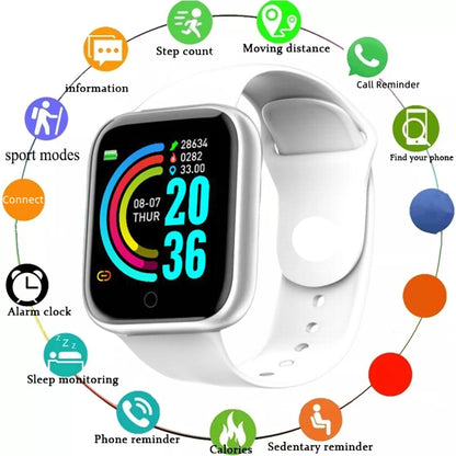 R.E.D. Shopping smartwatch with message notifications and fitness tracking, shown on a wrist, compatible with Android and iOS.