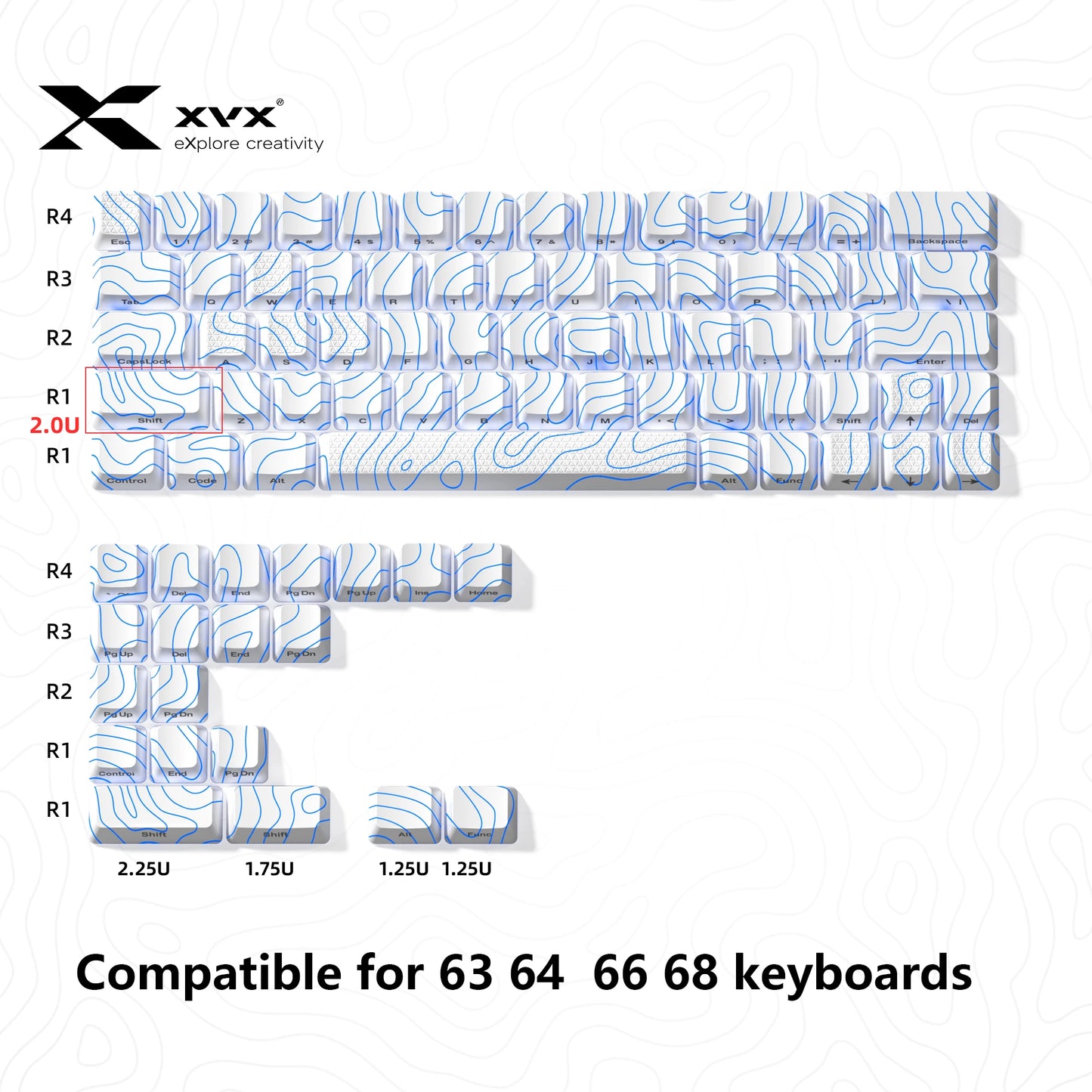 XVX Topographic Keycaps 118 Keys – OEM Profile, Shine-Through, IMD-Tech, Side Print