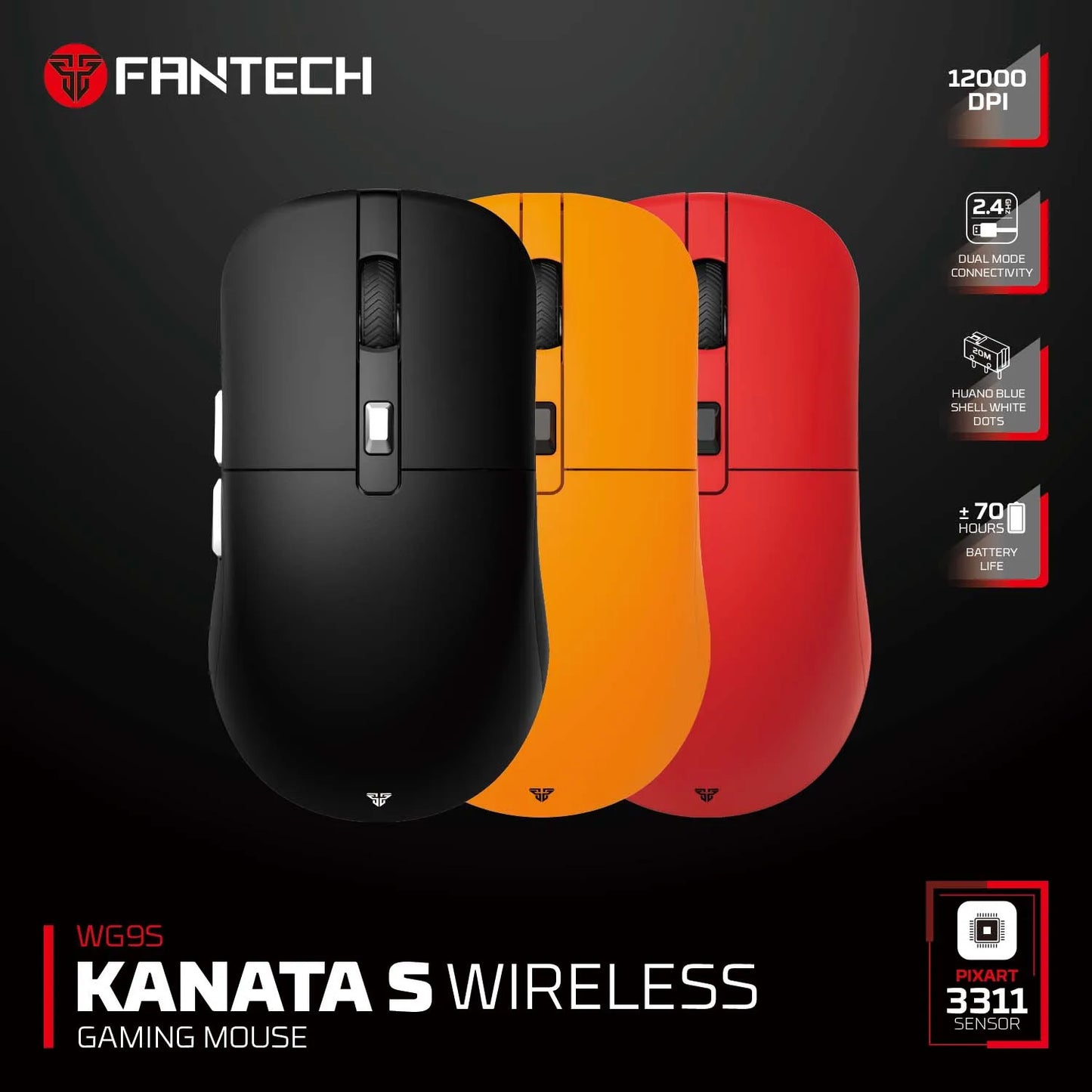FANTECH KANATAS WG9S wireless gaming mouse with PIXART 3311 sensor, 12000DPI, macro buttons, black ergonomic design