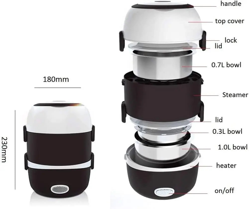 Electric Heating Lunch Box – 2L, 1-3 Layer, Portable Bento Box Rice Cooker, 200W Stainless Steel | 110V | US/EU/UK