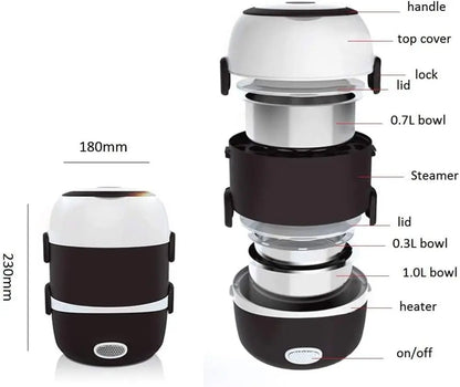 Electric Heating Lunch Box – 2L, 1-3 Layer, Portable Bento Box Rice Cooker, 200W Stainless Steel | 110V | US/EU/UK