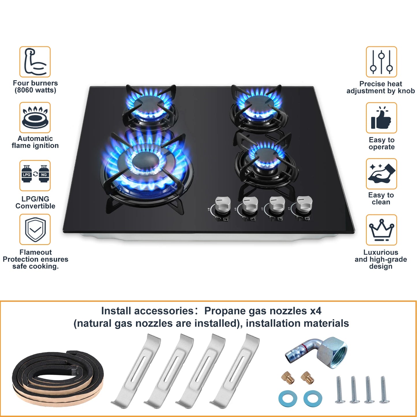 TopStrong 60cm 4-Burner Built-In Gas Hob – Black Tempered Glass, 8060W Dual Fuel
