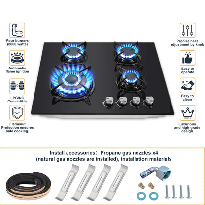 TopStrong 60cm 4-Burner Built-In Gas Hob – Black Tempered Glass, 8060W Dual Fuel