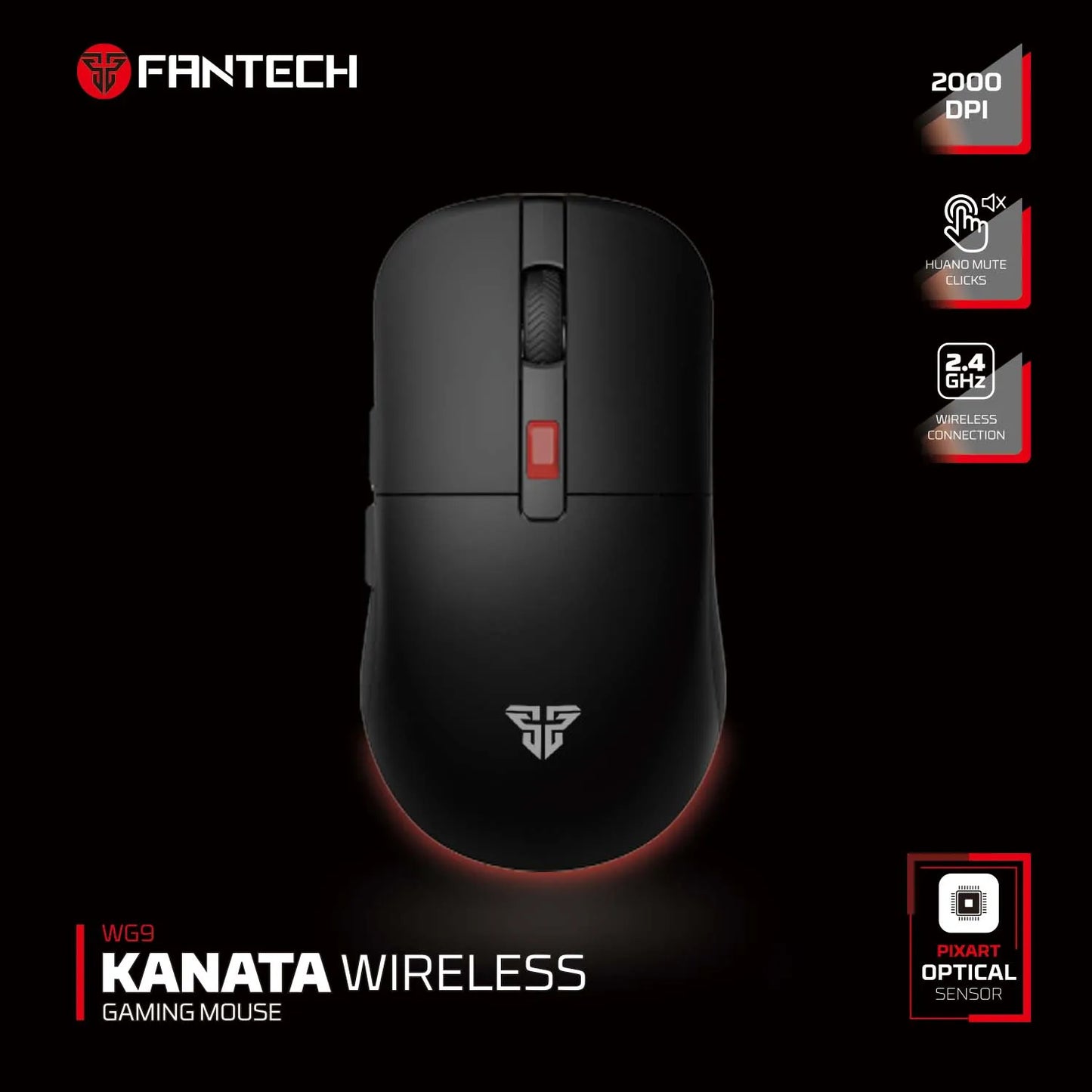 FANTECH Kanatas WG9S wireless gaming mouse with PIXART 3311 sensor, 12000 DPI, macro buttons, black ergonomic design.