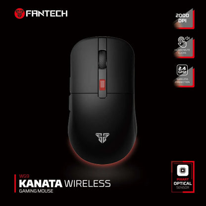 FANTECH Kanatas WG9S wireless gaming mouse with PIXART 3311 sensor, 12000 DPI, macro buttons, black ergonomic design.