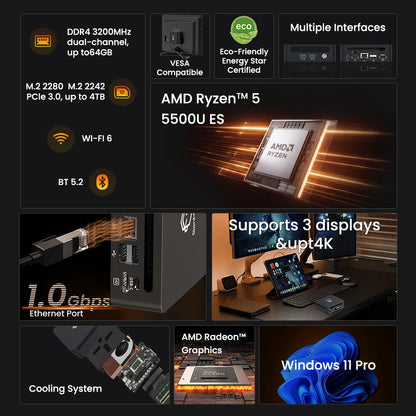 GenMachine Mini PC AMD Ryzen 5 5500U ES – 6 Core, DDR4 3200MHz, WiFi 6, Windows 11